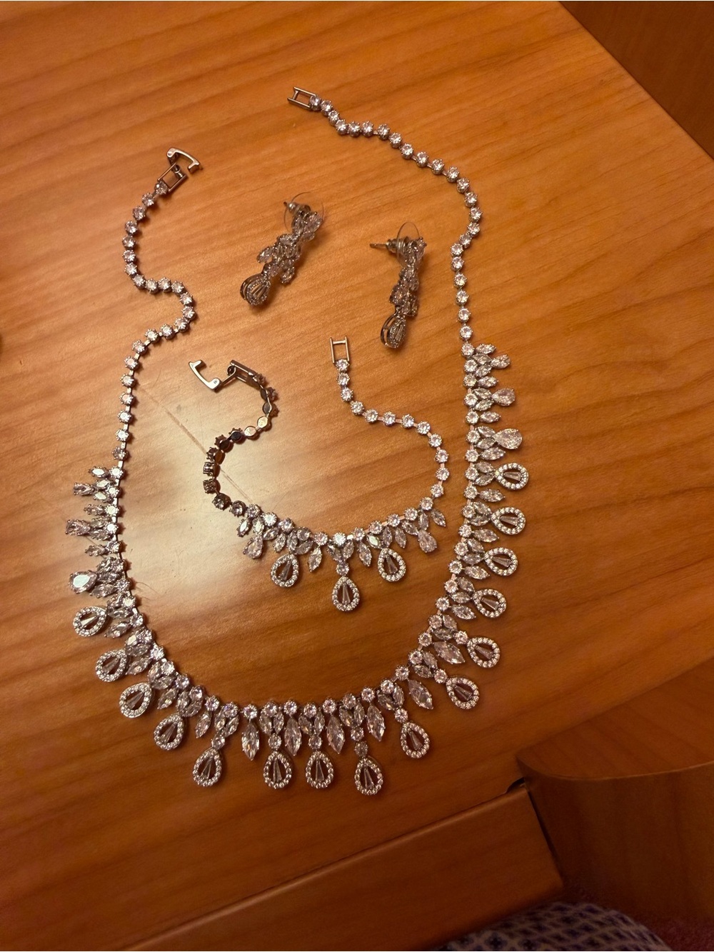 4 piece Crystal Teardrop Necklace, Earring and Bracelet Set - Silver Tone